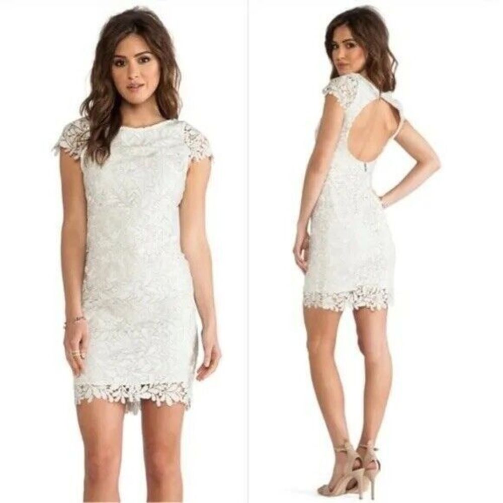 NWT Alice + Olivia Clover Metallic Lace OpenBack Mini Dress Light Silver Size 6
